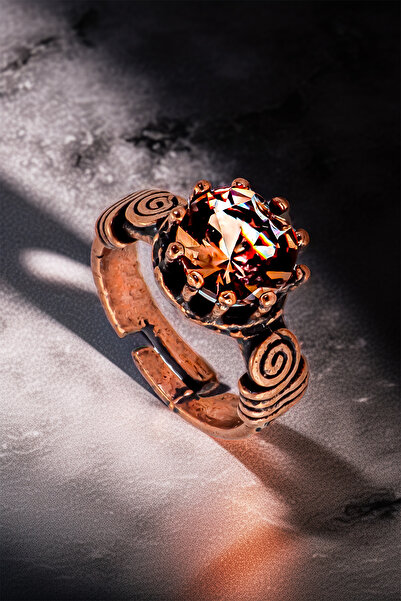 OSMANLI GÜMÜŞ Women's Copper Bracelet Ring Set - Zultanite Stone Model 2 Tree Bark Model Thin Metal Box Quartz Stone