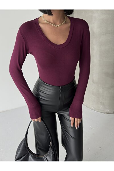 BEJNA Women's Burgundy Soft Touch V-Neck Blouse