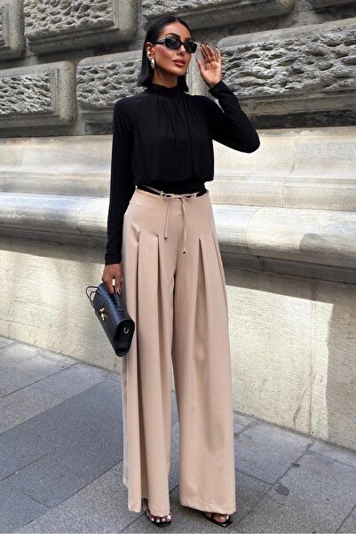 Lijuri Pleated Casual Trousers with Waist Tie Detail - Stone