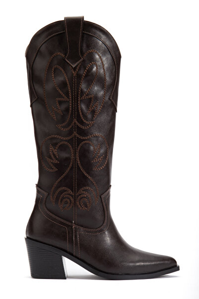 DENORA Acı Kahve Mat Deri Sivri Burun Nakışlı Western Kovboy Bot Çizme