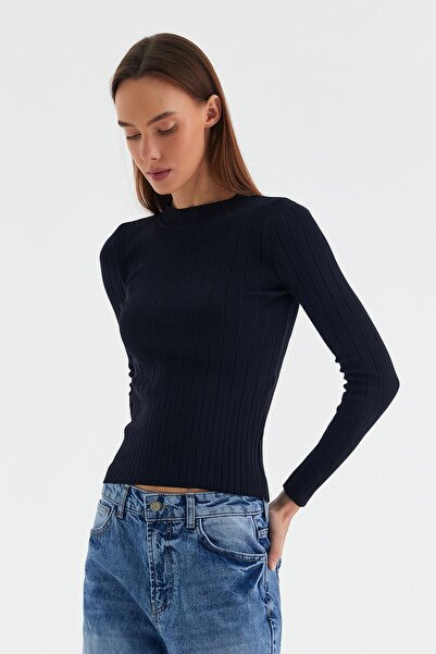 MARKALİSTE Плетен плетен пуловер с дълъг ръкав, тъмносин