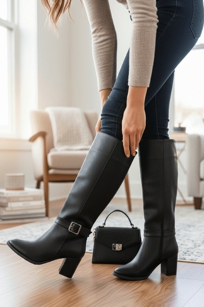 DİVOLYA Μπότες καθημερινής χρήσης Sidney με μαύρο δερμάτινο τακούνι (7 εκ.) με φερμουάρ στο πλάι