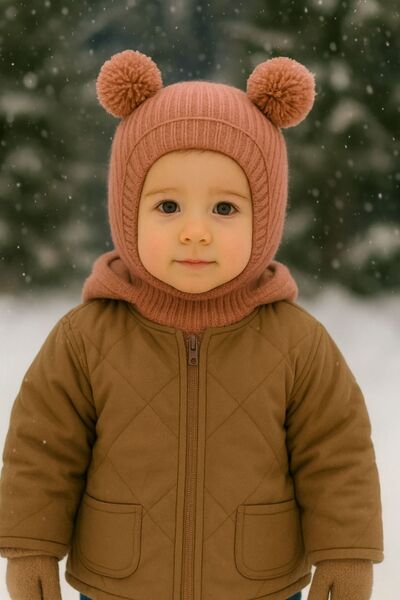 Minytrendy Kız Erkek Bebek Çocuk Omuzlu Triko Balaklava Bere Kar Maskesi Ponponlu Bere