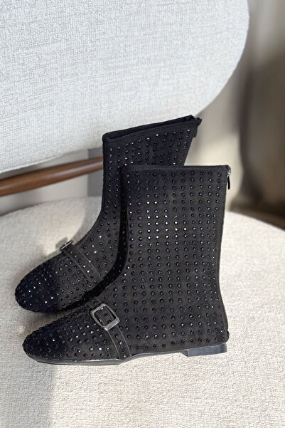 GOFFSHOES Kadın Geste Taşlı Düz Taban Bot - Siyah