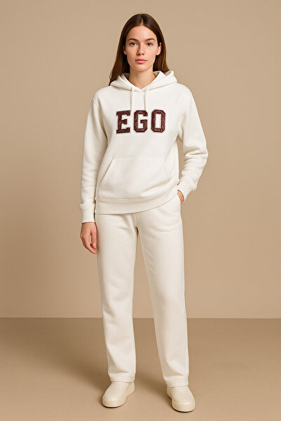 Ramior Leopard Detailed Hooded White Women's Ego Tracksuit Set