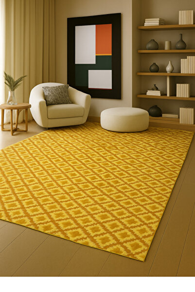 Rugs Modern Halı MOSSO Sarı Kareli Motifler Desenli Dokuma Taban Vintage Deko...