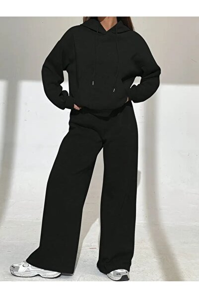 LOSSİA Γυναικείο μαύρο φαρδύ παντελόνι φόρμας μεγάλου μεγέθους, υψηλής ποιότη...