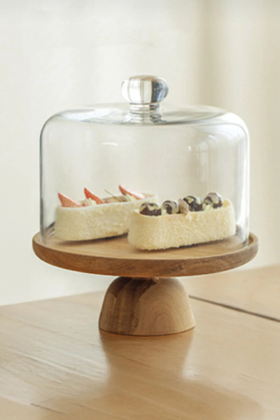 Evsun Home Collection Acacia Stand Glass Cake Pan with Stand 22 cm