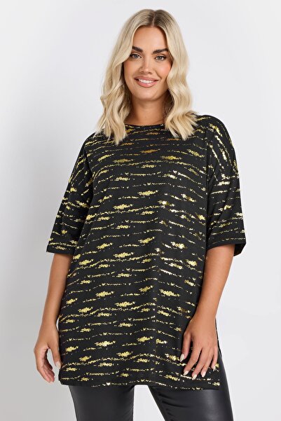 Stil Diva Plus Size Short Sleeve Crew Neck Printed Slit Long T-Shirt 303664