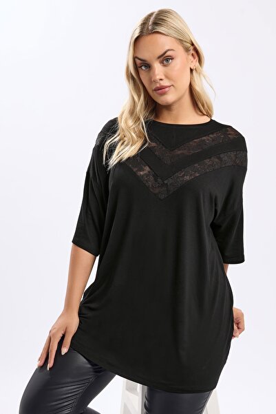 Stil Diva Plus Size Short Sleeve V-Neck Lace Detailed Slit Long T-Shirt 322971