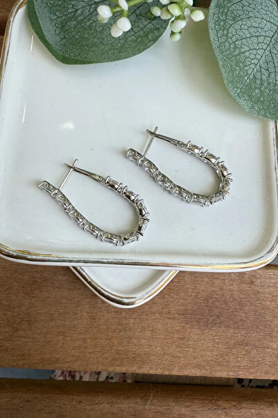 AURA ATELIER Steel Large Zircon Stone Long Oval Earrings Silver