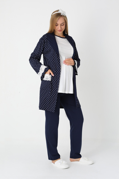 ERDENİZ TEKSTİL Pregnant Women's Pajamas & Robe Set of 3 – Cotton, Double-Sided Buttons, Adjustable Waist