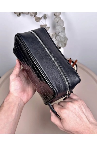 Fil Deri Croco Desenli Deri El Çantası – Hakiki Deri, Fermuarlı, Siyah 2123