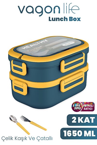 Vagonlife 1650 ML İki Kat Üç Bölme Paslanmaz Çelik Lunch Box Yeni Nesil Sefer...