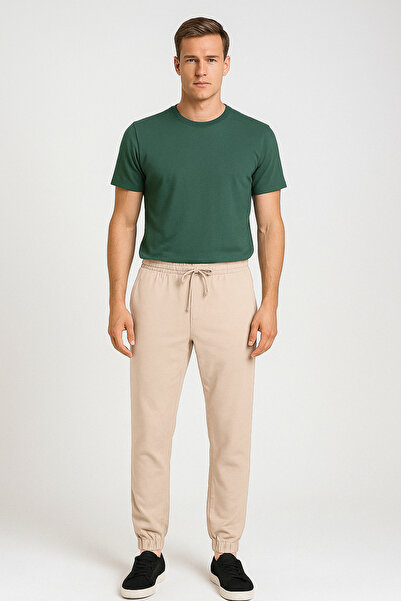 ASG TEKSTİL Cream Color Plain Design Elasticated Cuffs Button Closure Slim Fit Men's Trousers