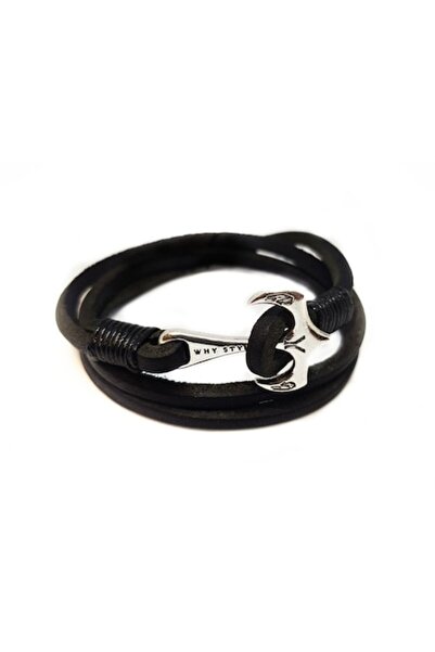 Wild Bracelets Bratara Wild Bracelets, Wrap neagra cu ancora, din piele natur...