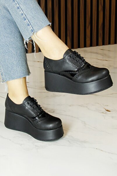 Erkan Saçmacı Beira Black Vegan Round Toe Lace-Up Wedge Heeled Casual Shoes