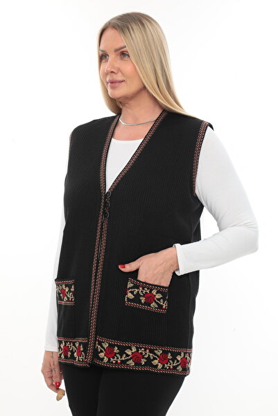 İKSUN Vestă de iarnă cu broderie cu trandafiri negri, cu nasturi groși, cu buzunare, tricotaje pentru mamă