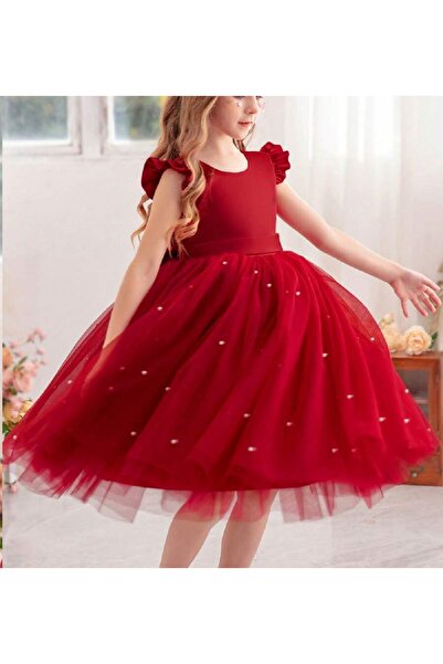 NSMLİFE Kız Çocuk İncili Fırfır Kol Elbise Mezuniyet Doğum Günü Özel gün Abiye Elbise