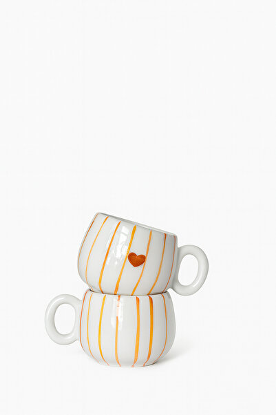Hausette 2-Piece Heart Patterned Striped Ceramic Turkish Coffee Set, Mug, Tur...
