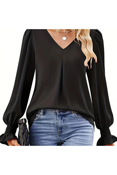 gl00my Women's Long Sleeve V-Neck Loose Imported Crepe Blouse