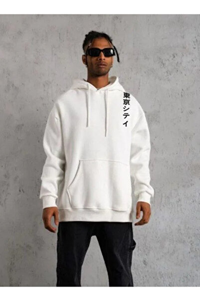 Exbob Tricou cu glugă unisex cu mânecă lungă imprimat - alb