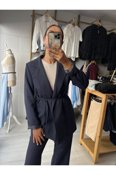 Butik Lacivert Bel bağlamalı blazer ceket