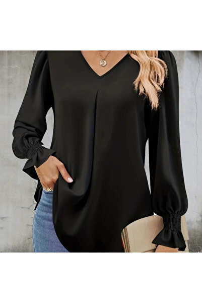 gl00my Women's Long Sleeve V-Neck Loose Imported Crepe Blouse