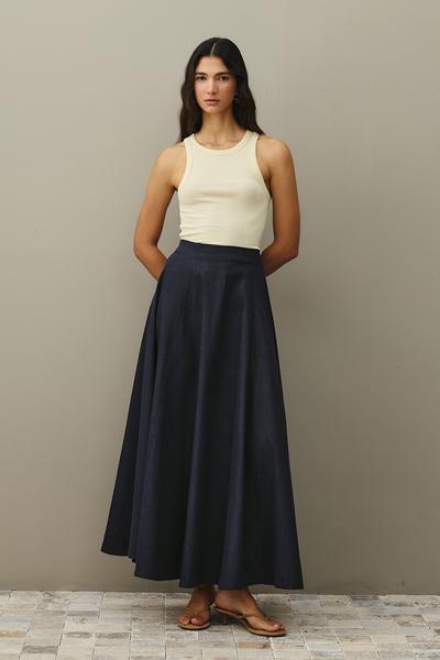 Fahhar Part Cut Denim Skirt Navy Blue