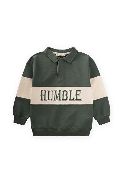 Cigit Polo Yaka Baskılı Sweatshirt 4-12 Yaş Haki Yeşil