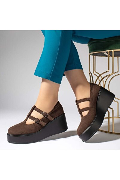 BMoD Pantofi casual damă din piele întoarsă maro cu platformă și barete MOD13447