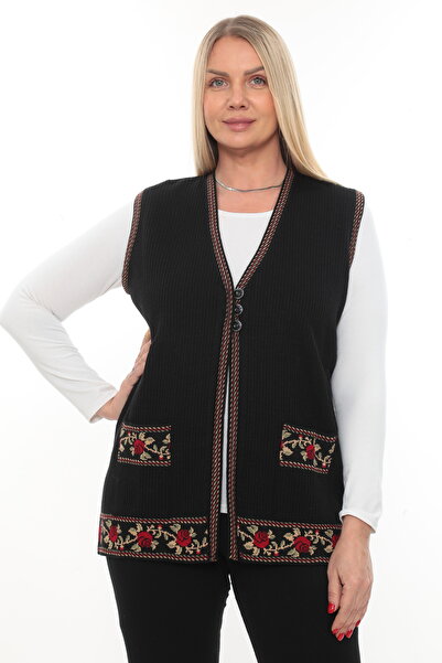 İKSUN Vestă de iarnă cu broderie cu trandafiri negri, cu nasturi groși, cu buzunare, tricotaje pentru mamă