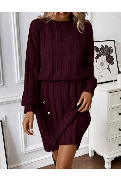 Bracha Crew Neck Wide Ribbed Long Sleeve Woven Detailed Knee-Length Knitwear Dress