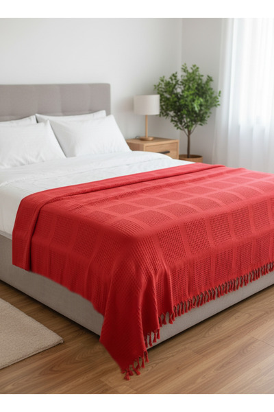 Ladylina Home 100% Cotton Double Pike, Tasseled Bedspread Square Waffle Pattern 220X240