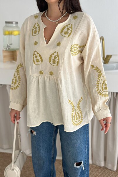 FEMELLE Beige Ethnic Patterned V-Neck Embroidered Casual Blouse