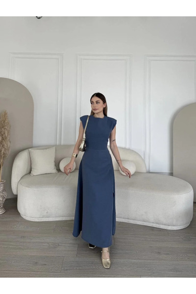 Exbob Linen Side Slit Long Dress Zero Sleeve Dress - Blue