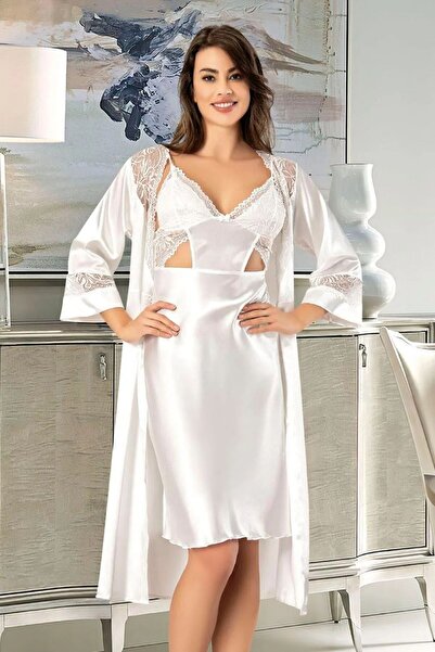 FAAL 2621 Set de cămașă de noapte midi din satin cu detaliu din dantelă pentr...