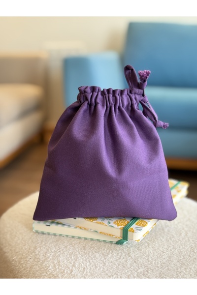 MEKİK BUTİK Mor Keten Mini Bez Kese - Büzgülü Çanta İçi Düzenleyici - Makyaj Çantası - 20x20 -bez poşet