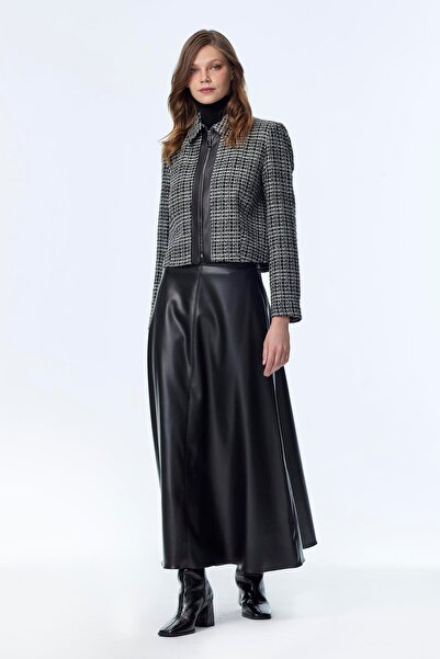 Zühre Tweed Patterned Leather Detailed Black/Black Double Suit