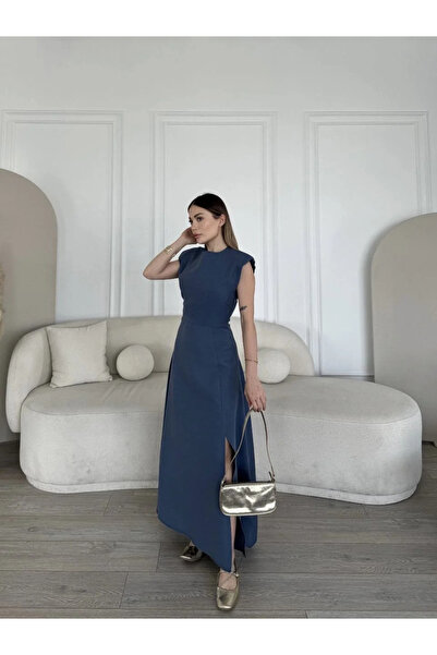 Exbob Linen Side Slit Long Dress Zero Sleeve Dress - Blue