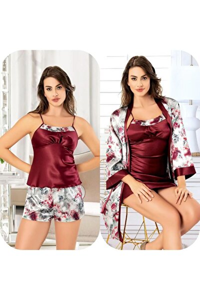FAAL 20753122 Women's 4-Piece Satin Nightgown Dressing Gown Set with Shorts -...