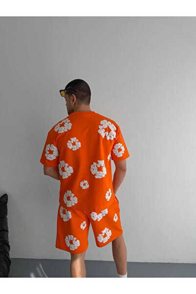GökTR Two Thread Fabric Printed T-Shirt Shorts Suit - Orange