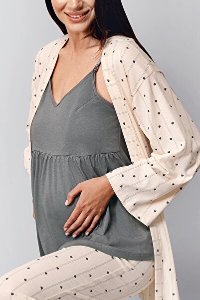 Arnetta Maternity 3-Piece Set, Camisole with Straps, Robe and Pants, 100% Cotton