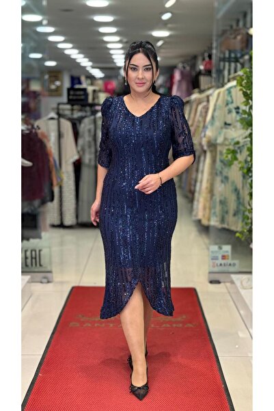 live forever Büyük Beden Payetli V Yaka Diz Altı Şık Gece Elbisesi