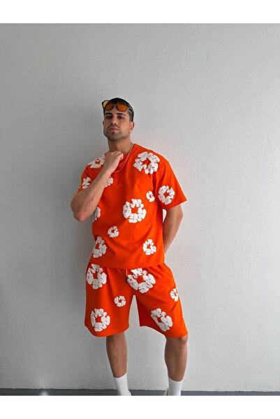 GökTR Two Thread Fabric Printed T-Shirt Shorts Suit - Orange