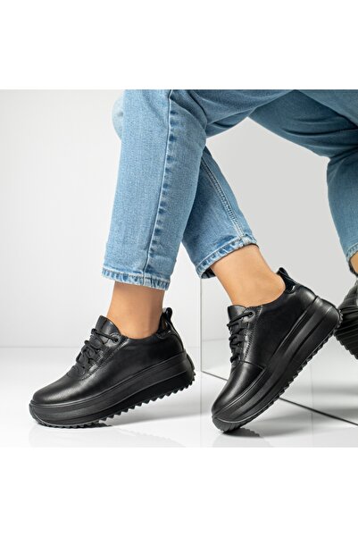 Modlet.ro Pantofi sport damă negri din piele cu platformă și șireturi MOD14016