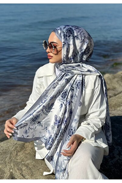 sem oyuncak Vual Silk Shawl Luxury Gray Stripe Floral Patterned 90X180