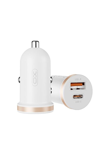 Xo Încărcător auto 12V XO, 30W, USB-A, USB-C, QC 3.0, PD3, CC56 + cablu Lightning, alb