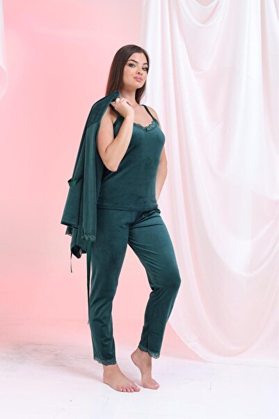 Elit Women's 3-Piece Velvet Dressing Gown Pajama Set Dowry Set