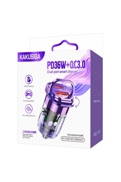KAKUSİGA Adaptor KSC-1191 pentru Masina, Type-C si USB, Incarcare rapida 36W, Mov
